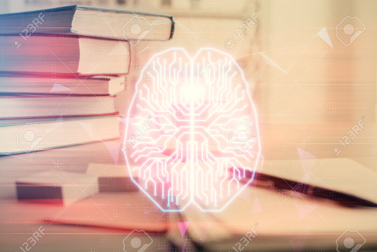 Study Mind OCR A-Level Biology 1 165514189 double exposure of brain drawing and desktop with coffee and items on table background concept of